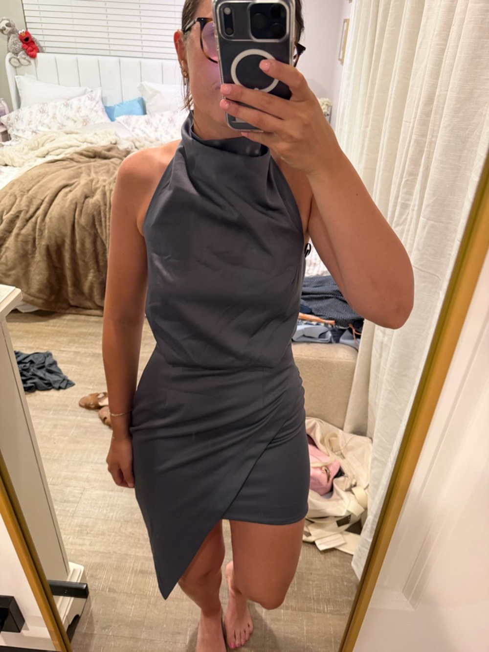 Elliatt Charcoal Grey Halter Asymmetric Mini Dress